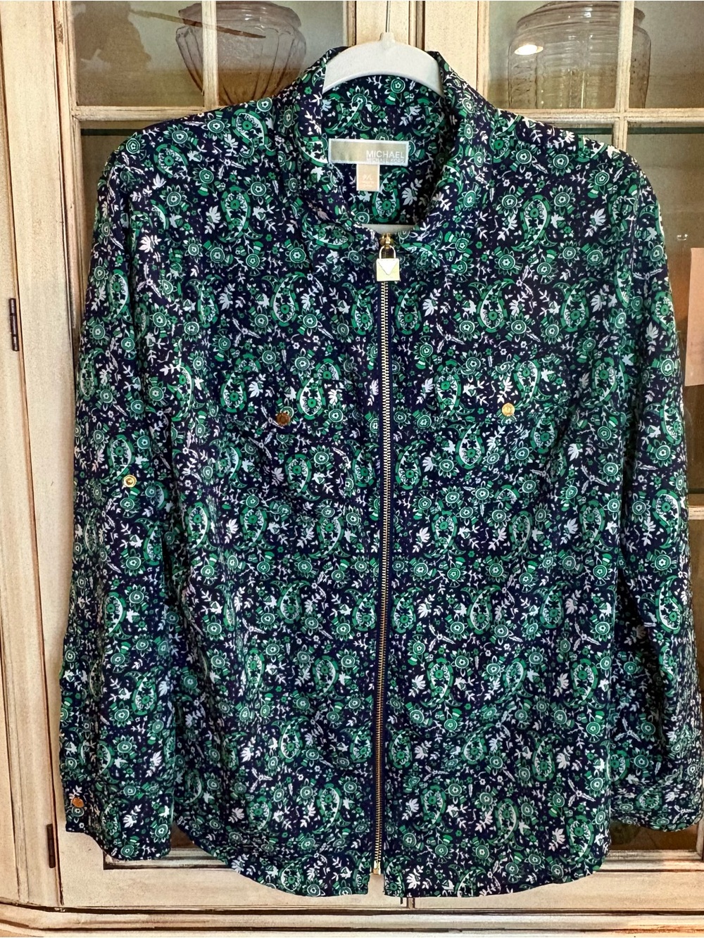 EUC Michael Kors Navy & Green Floral Zip-up Blouse